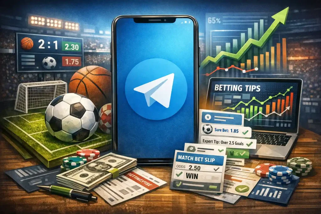 Telegram bahis gruplarında strateji paylaşımları, analiz tabloları ve topluluk etkileşimini gösteren modern, yatay dijital illüstrasyon
